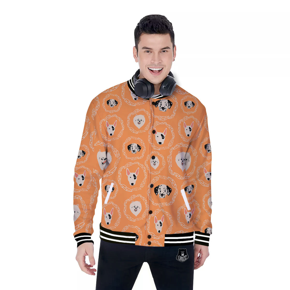 Doodle Dog Orange Print Pattern Baseball Jacket-grizzshop