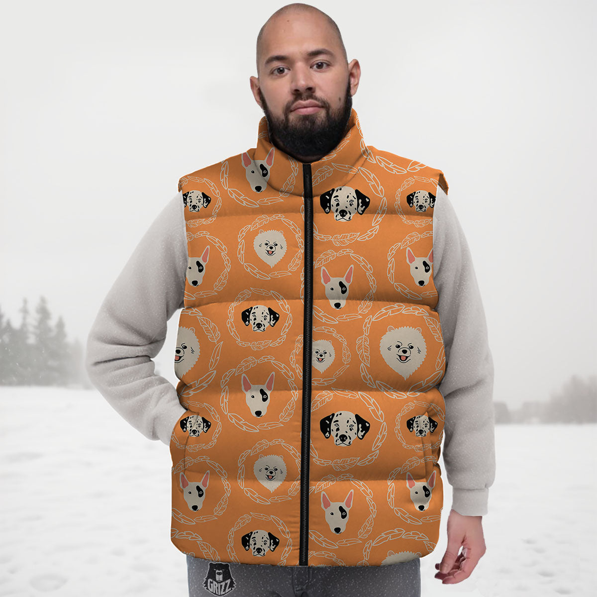 Doodle Dog Orange Print Pattern Down Vest-grizzshop
