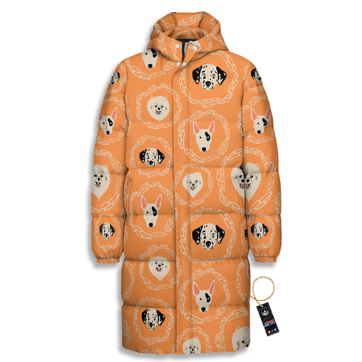 Doodle Dog Orange Print Pattern Long Down Jacket-grizzshop