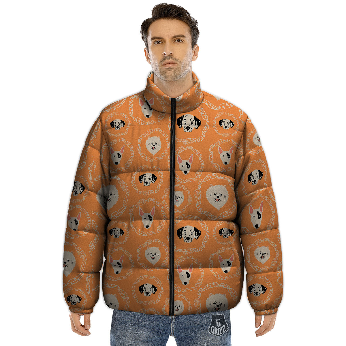 Doodle Dog Orange Print Pattern Puffer Jacket-grizzshop