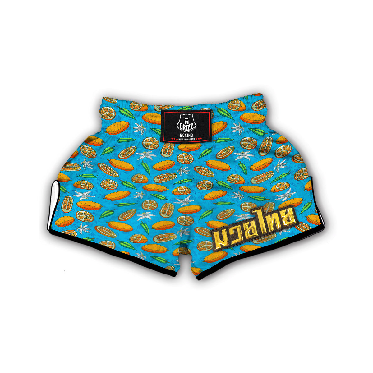 Doodle Kumquat Blue And Orange Print Pattern Muay Thai Boxing Shorts-grizzshop