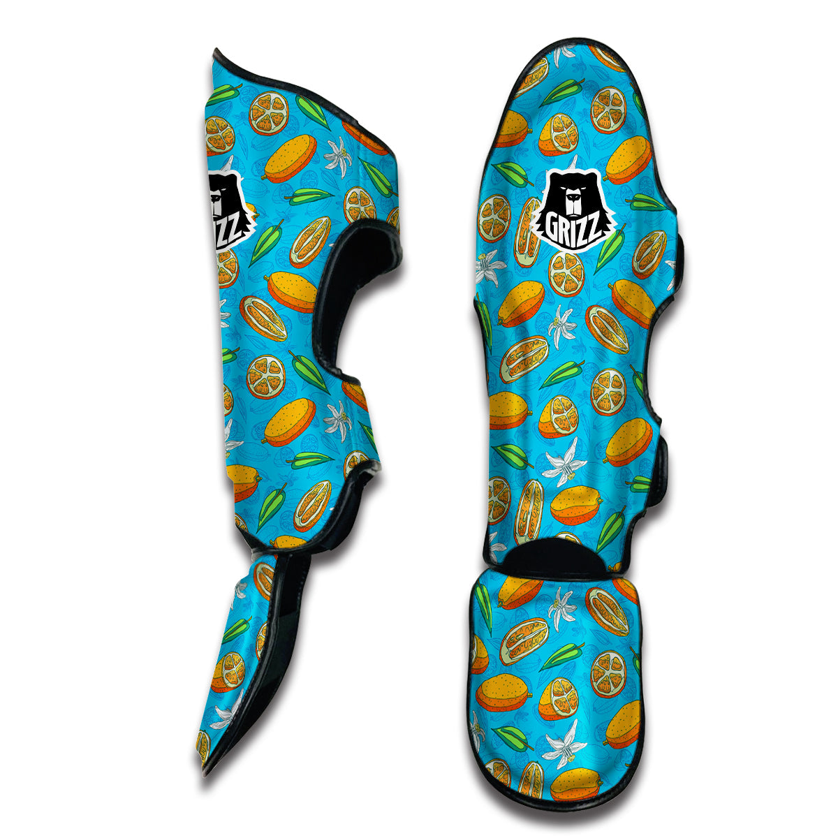 Doodle Kumquat Blue And Orange Print Pattern Muay Thai Shin Guards-grizzshop