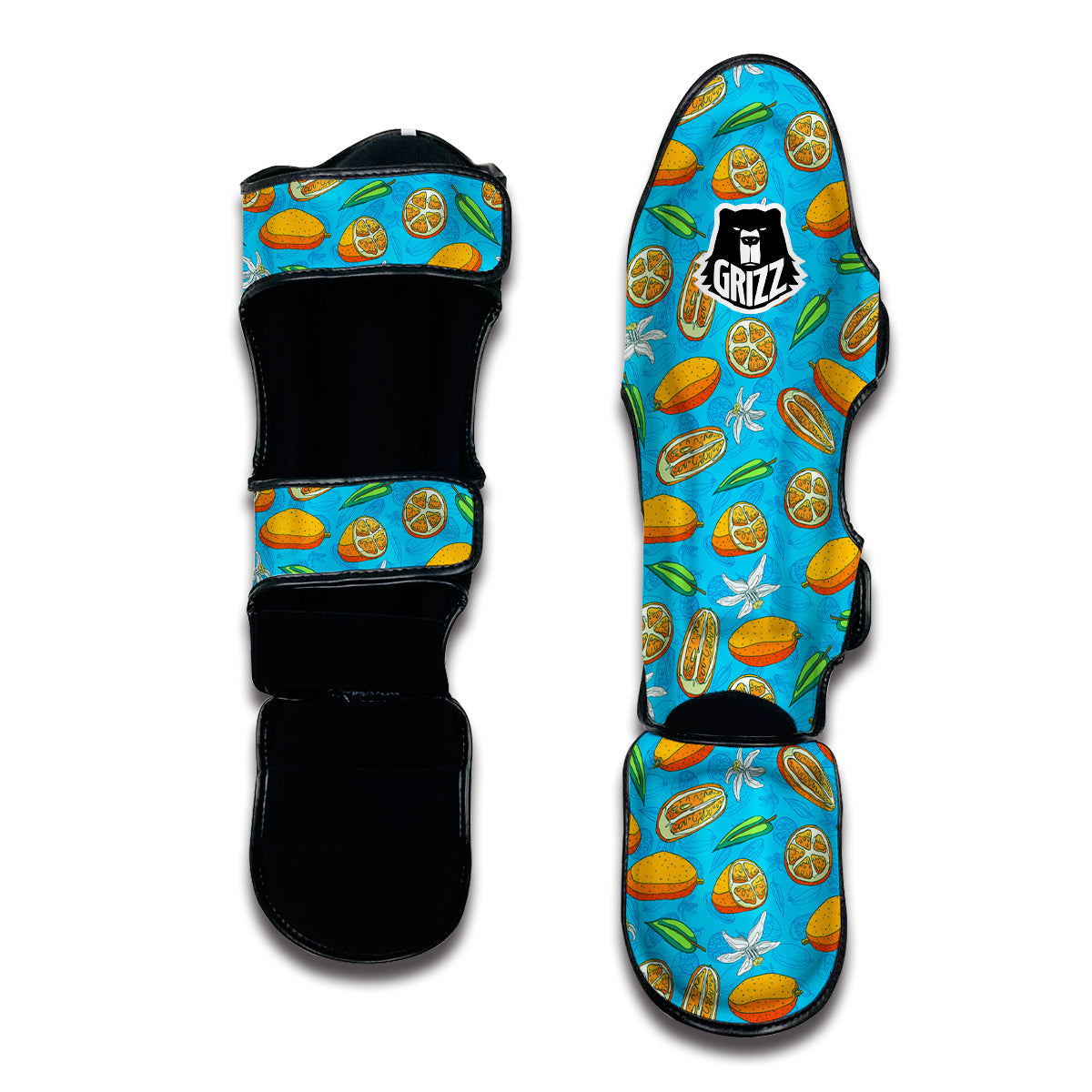 Doodle Kumquat Blue And Orange Print Pattern Muay Thai Shin Guards-grizzshop