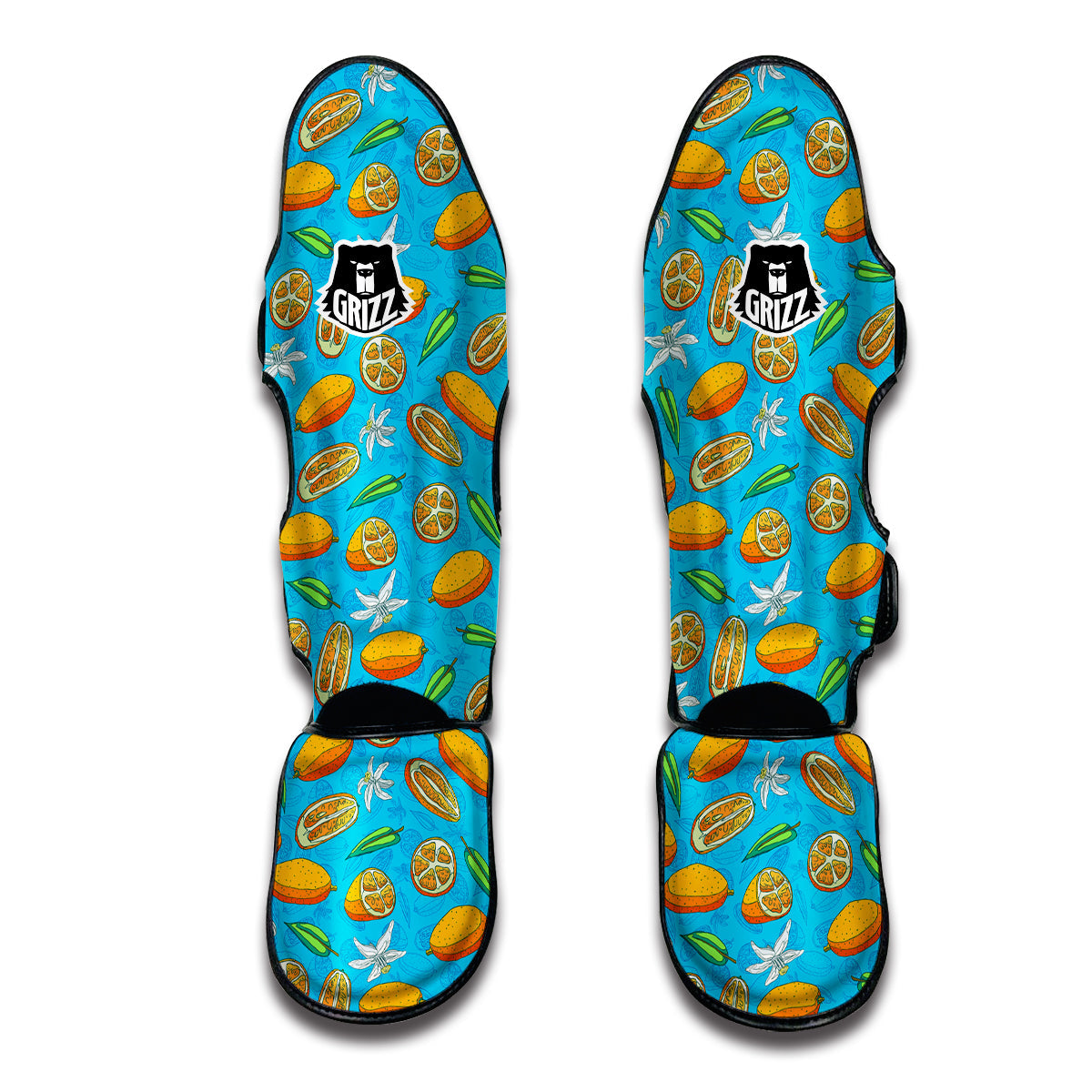 Doodle Kumquat Blue And Orange Print Pattern Muay Thai Shin Guards-grizzshop