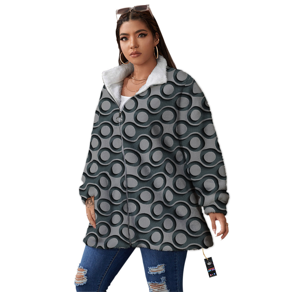 Dot 3D Geometric Print Pattern Women's Sherpa Jacket-grizzshop