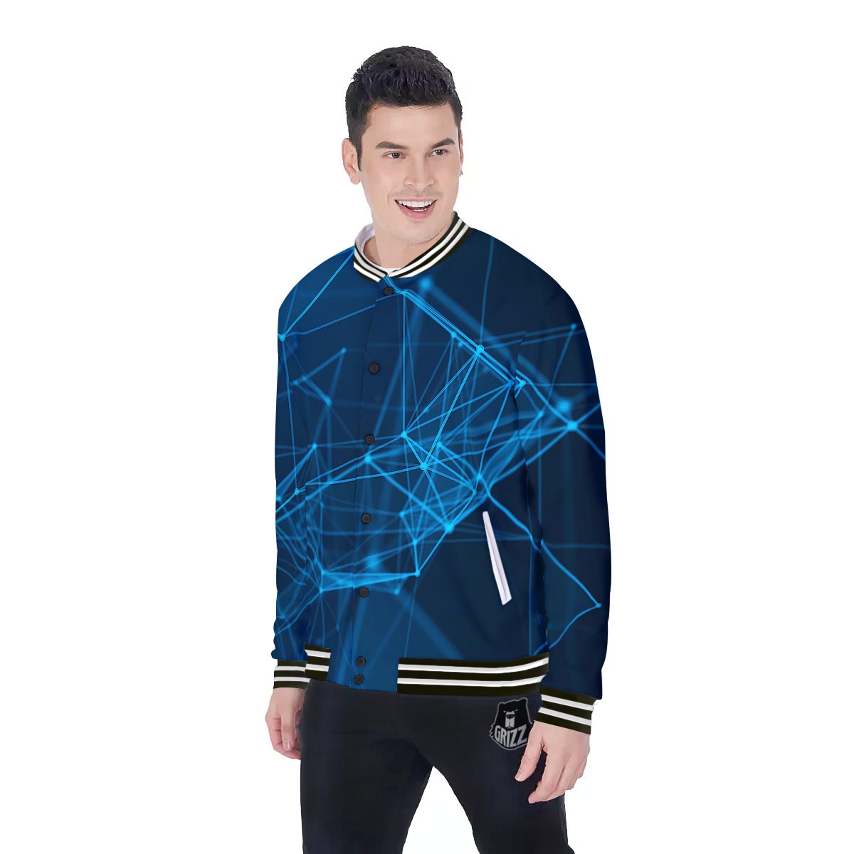 Dot Geometric Teal Polygonal Print Baseball Jacket-grizzshop