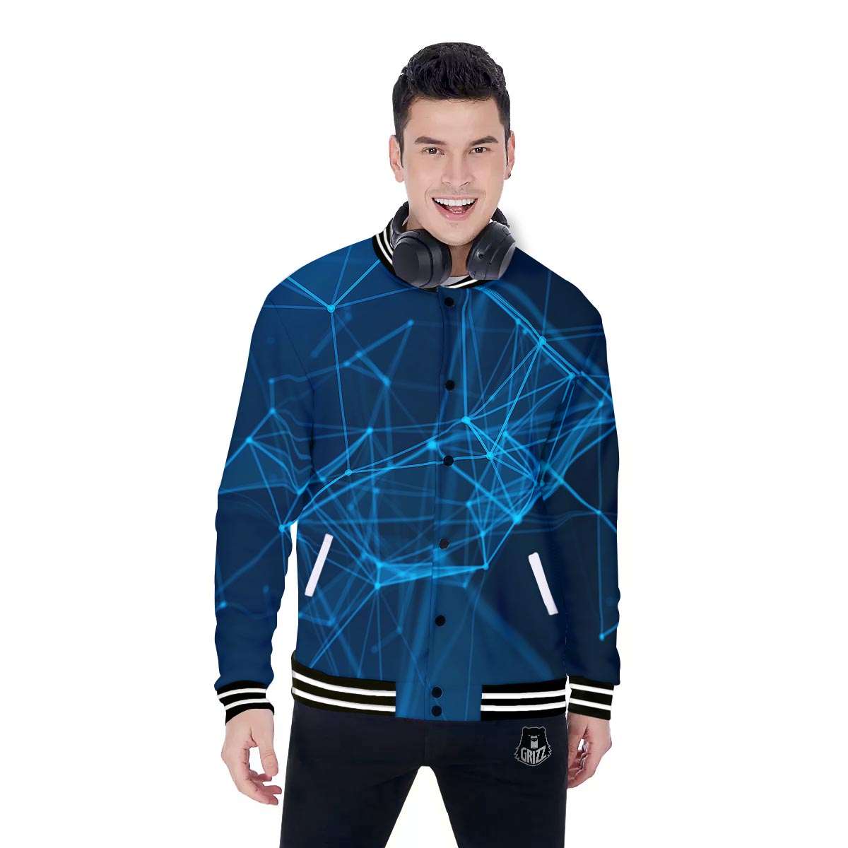 Dot Geometric Teal Polygonal Print Baseball Jacket-grizzshop