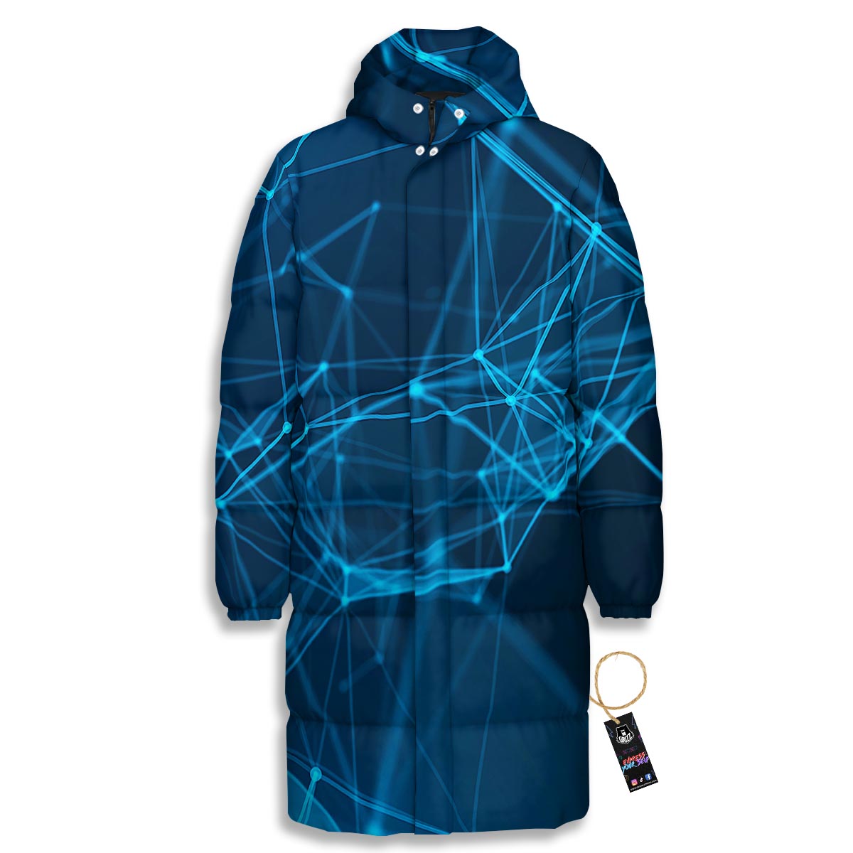 Dot Geometric Teal Polygonal Print Long Down Jacket-grizzshop