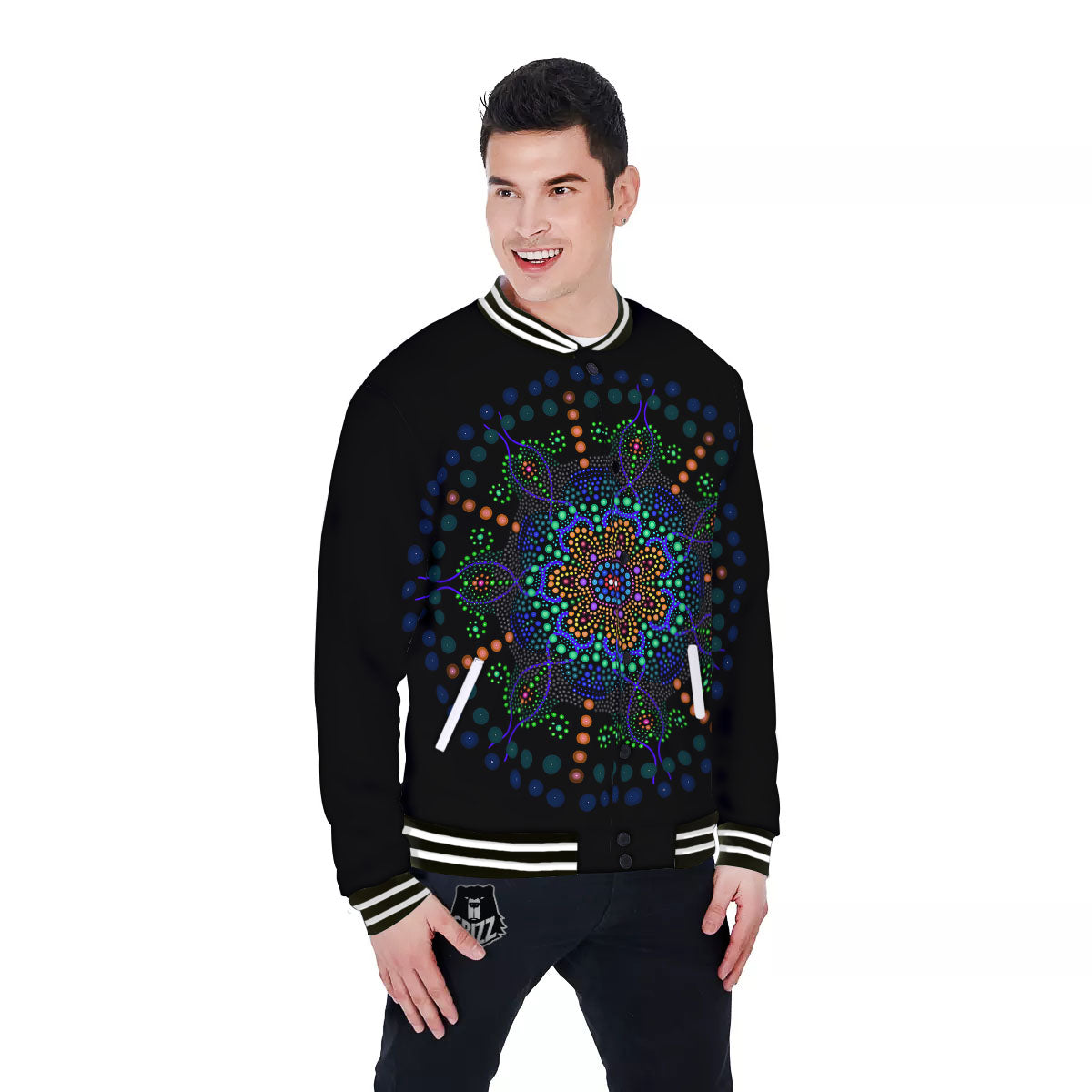 Dot Mandala Green White Print Baseball Jacket-grizzshop
