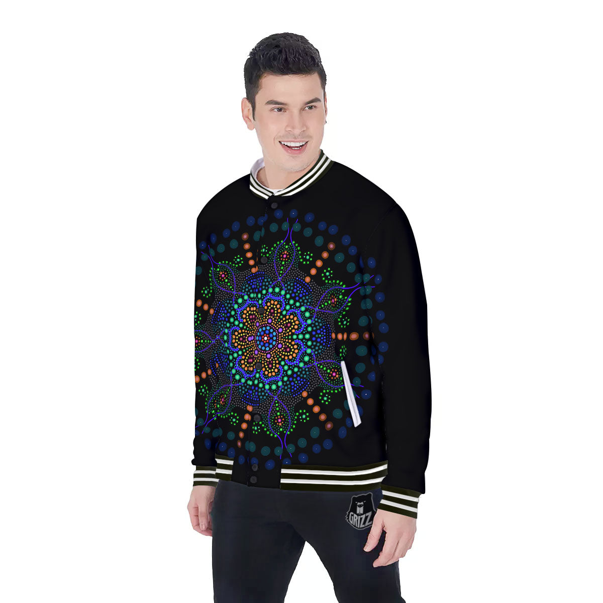 Dot Mandala Green White Print Baseball Jacket-grizzshop