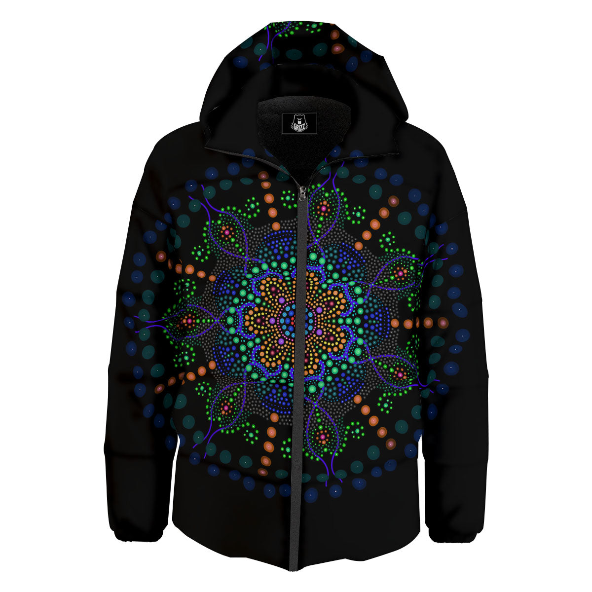 Dot Mandala Green White Print Down Jacket-grizzshop