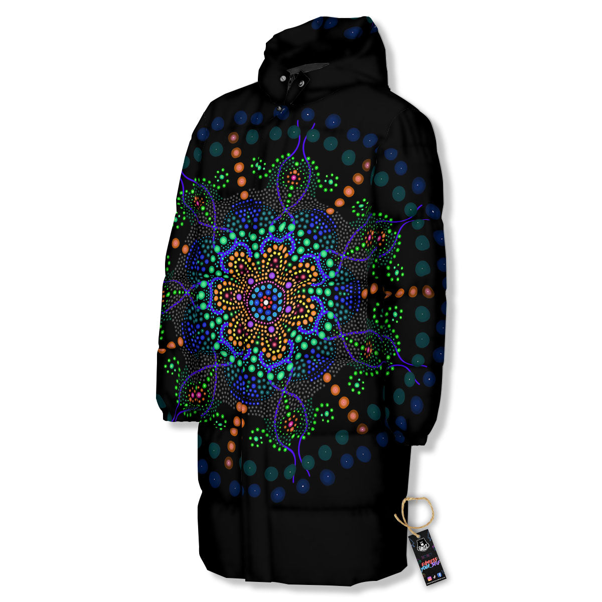 Dot Mandala Green White Print Long Down Jacket-grizzshop
