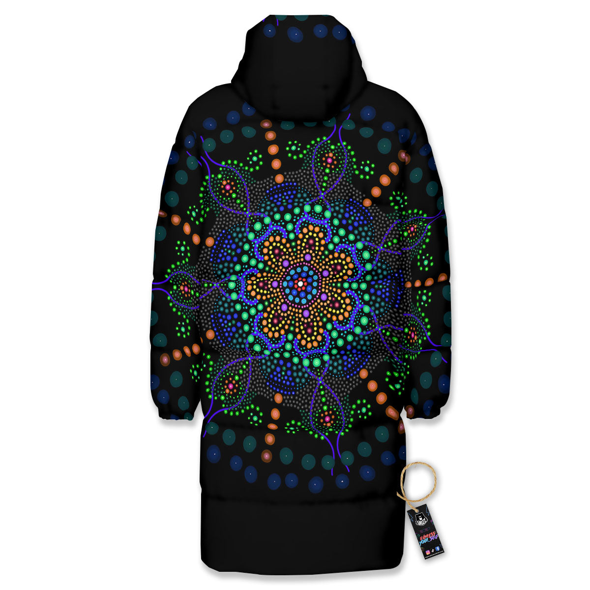 Dot Mandala Green White Print Long Down Jacket-grizzshop