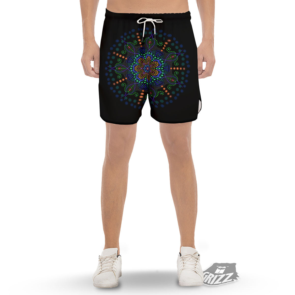 Dot Mandala Green White Print Men's Gym Shorts-grizzshop
