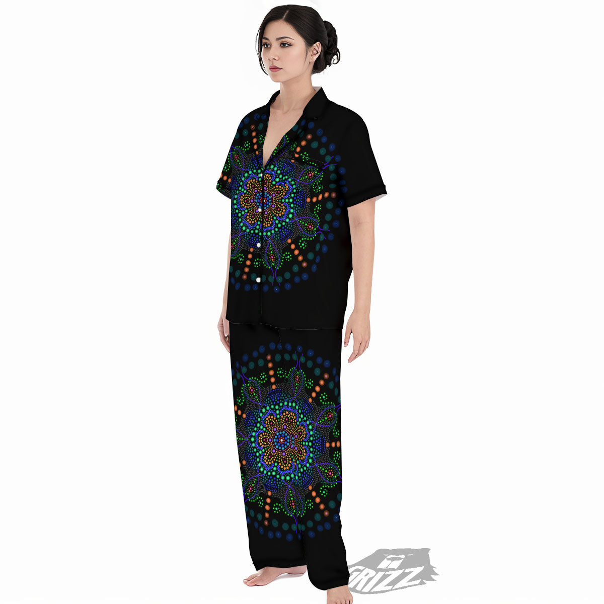 Dot Mandala Green White Print Women's Pajamas Set-grizzshop