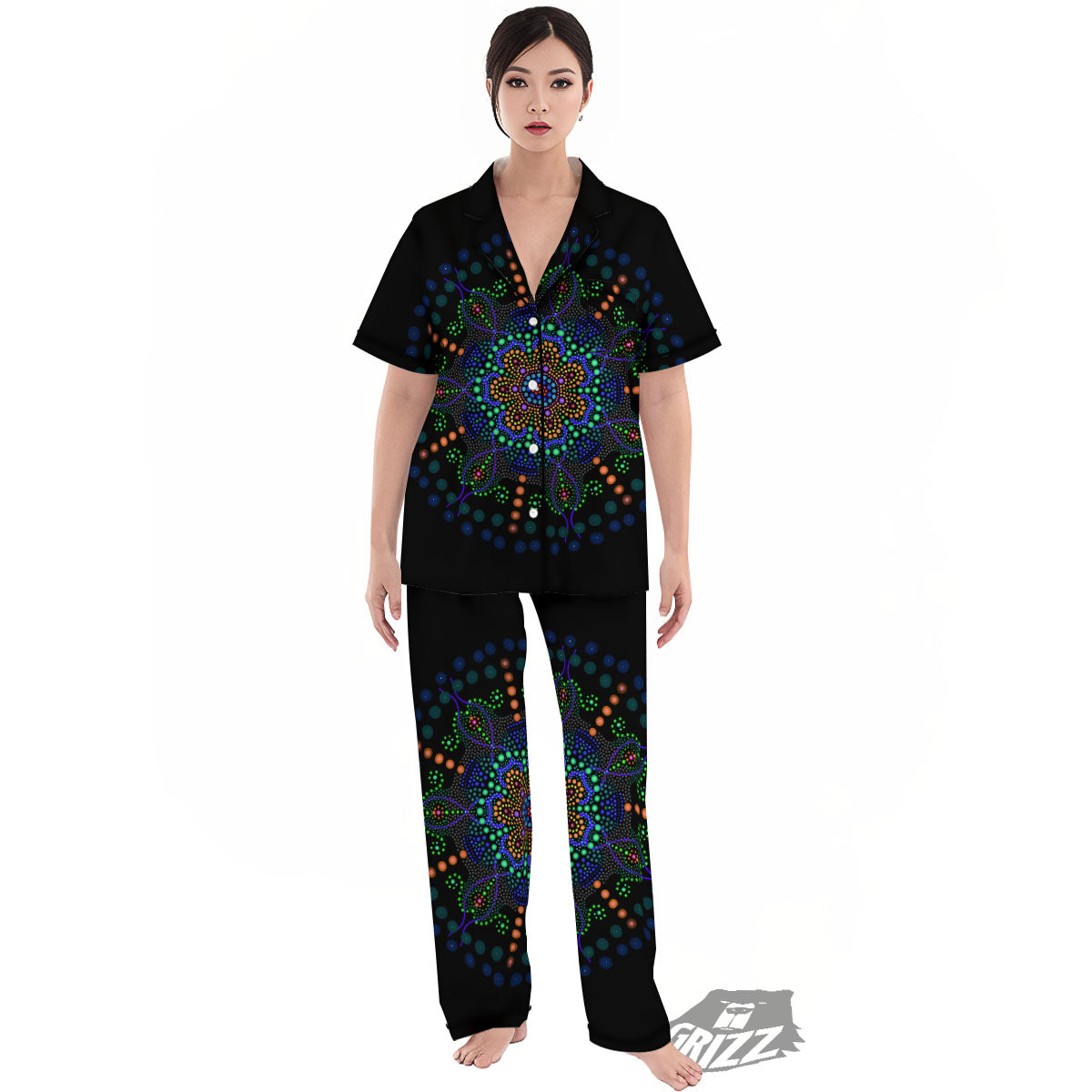 Dot Mandala Green White Print Women's Pajamas Set-grizzshop