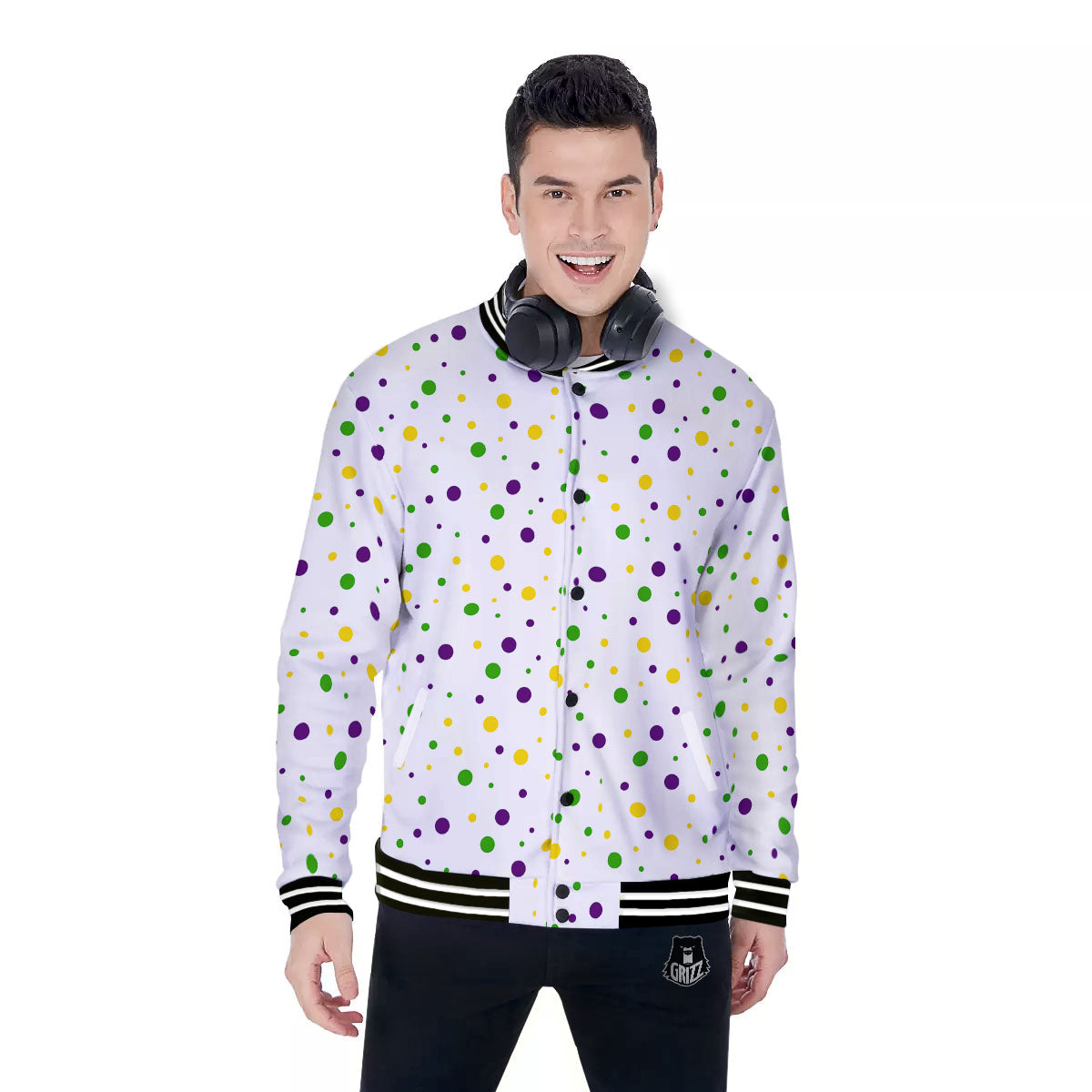 Dot Mardi Gras Print Pattern Baseball Jacket-grizzshop