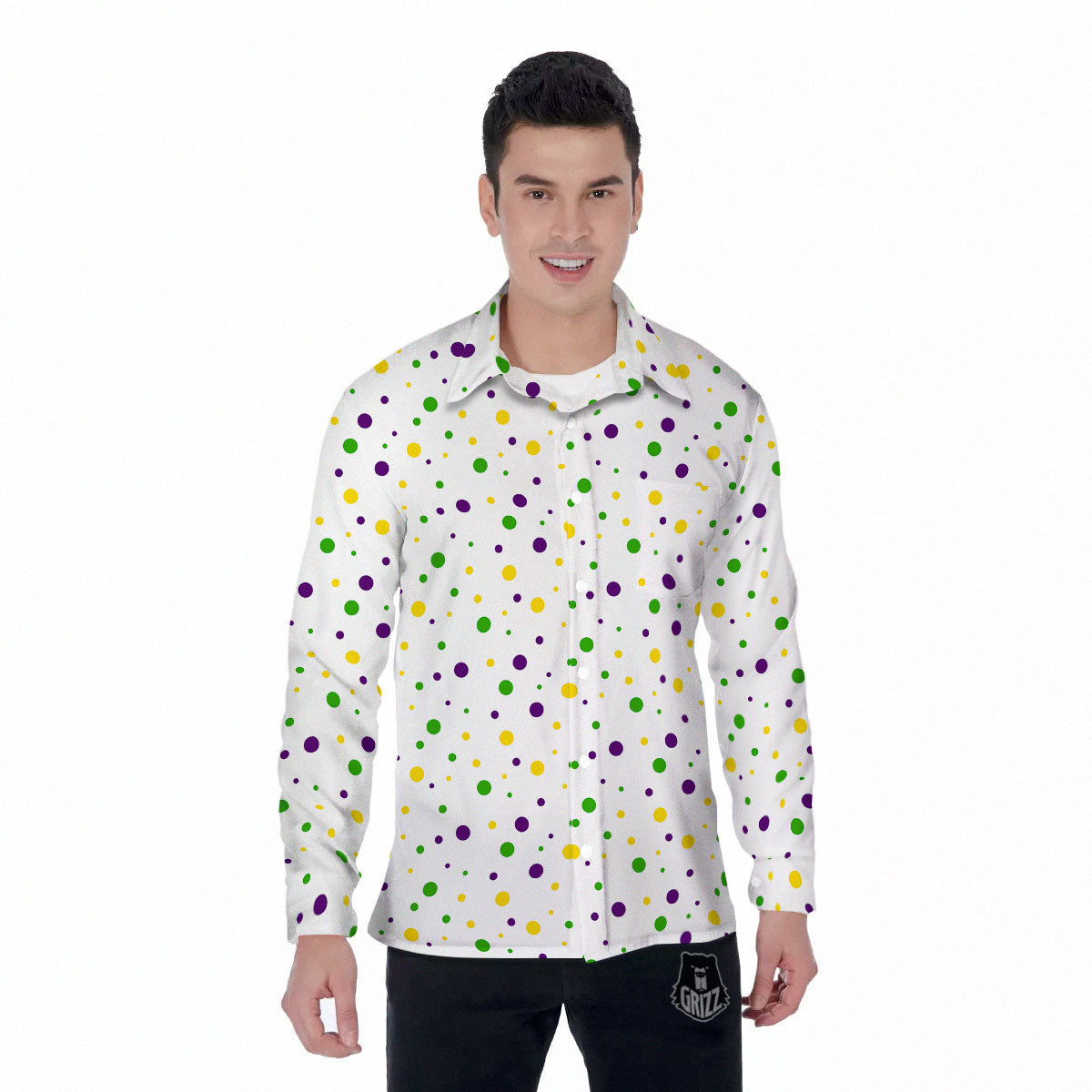 Dot Mardi Gras Print Pattern Men's Long Sleeve Shirts-grizzshop