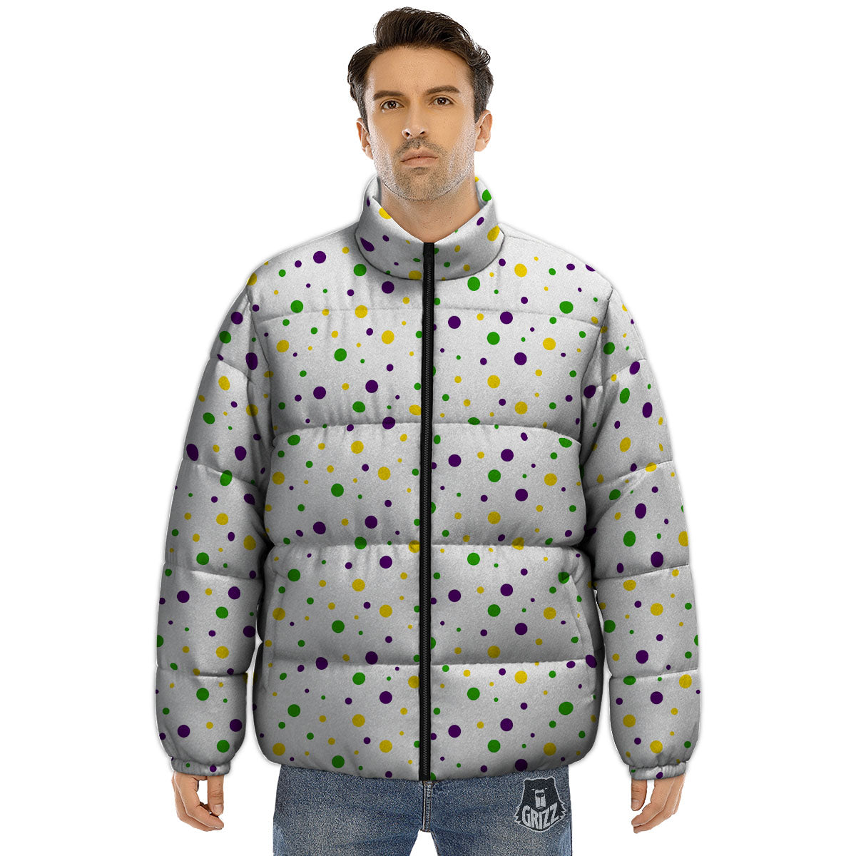 Dot Mardi Gras Print Pattern Puffer Jacket-grizzshop