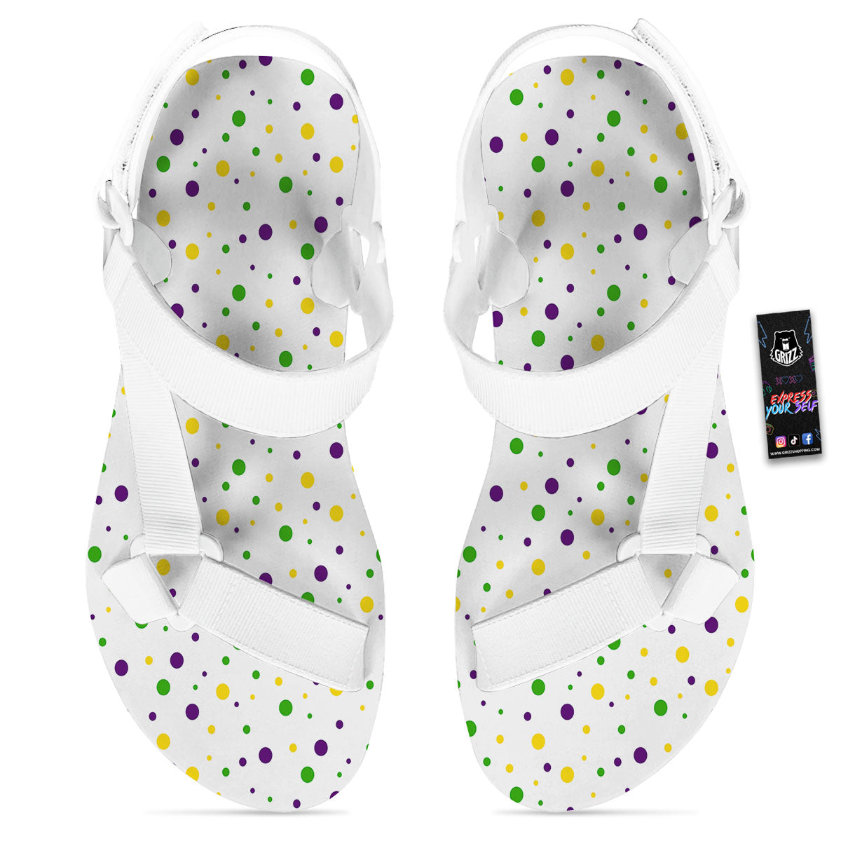 Dot Mardi Gras Print Pattern White Open Toe Sandals-grizzshop