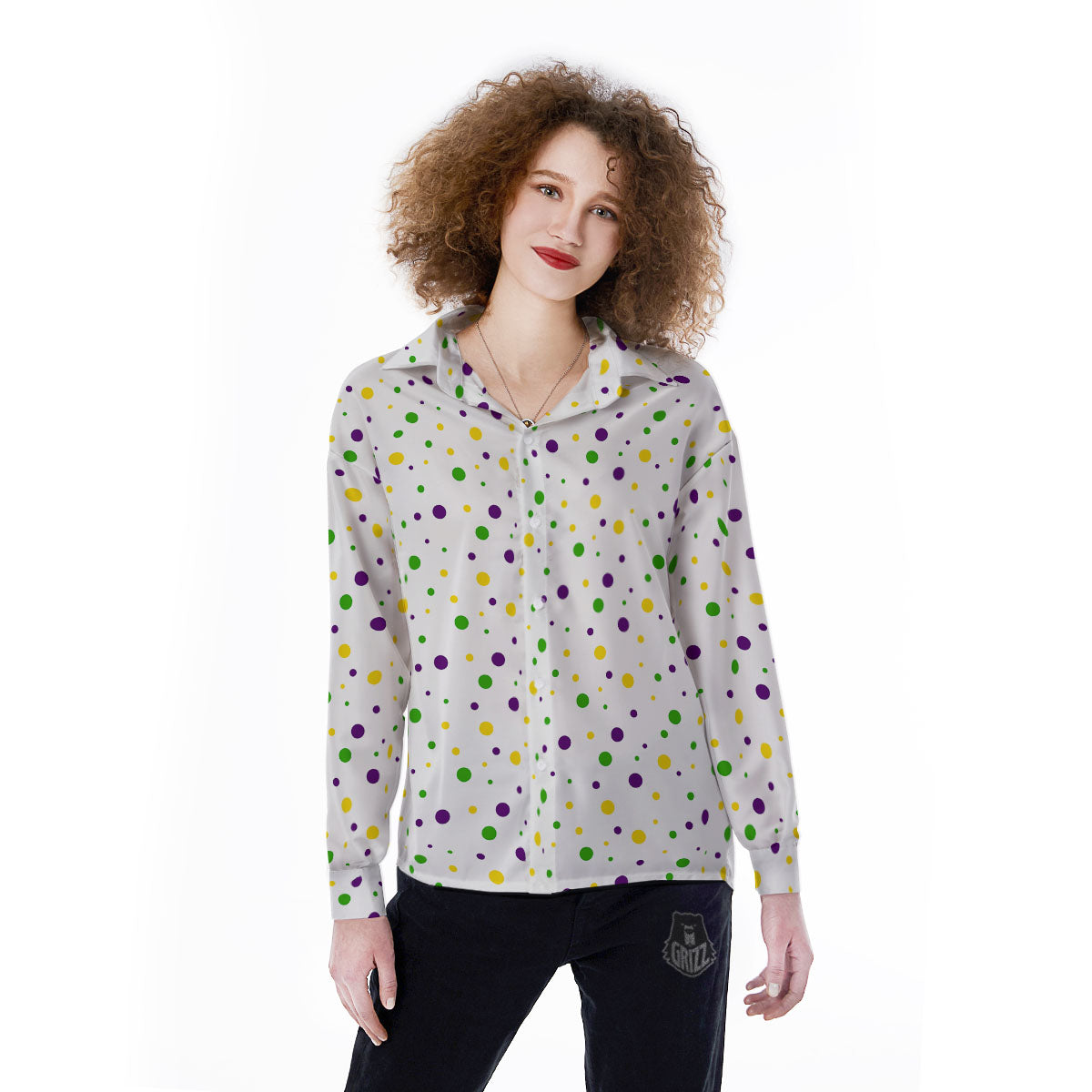Dot Mardi Gras Print Pattern Women's Long Sleeve Shirts-grizzshop
