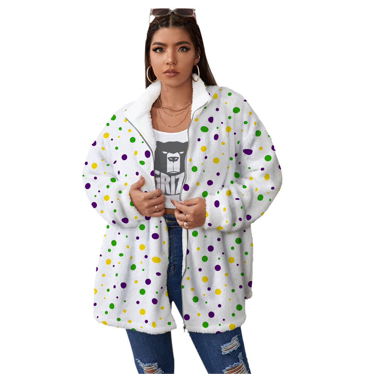 Dot Mardi Gras Print Pattern Women's Sherpa Jacket-grizzshop