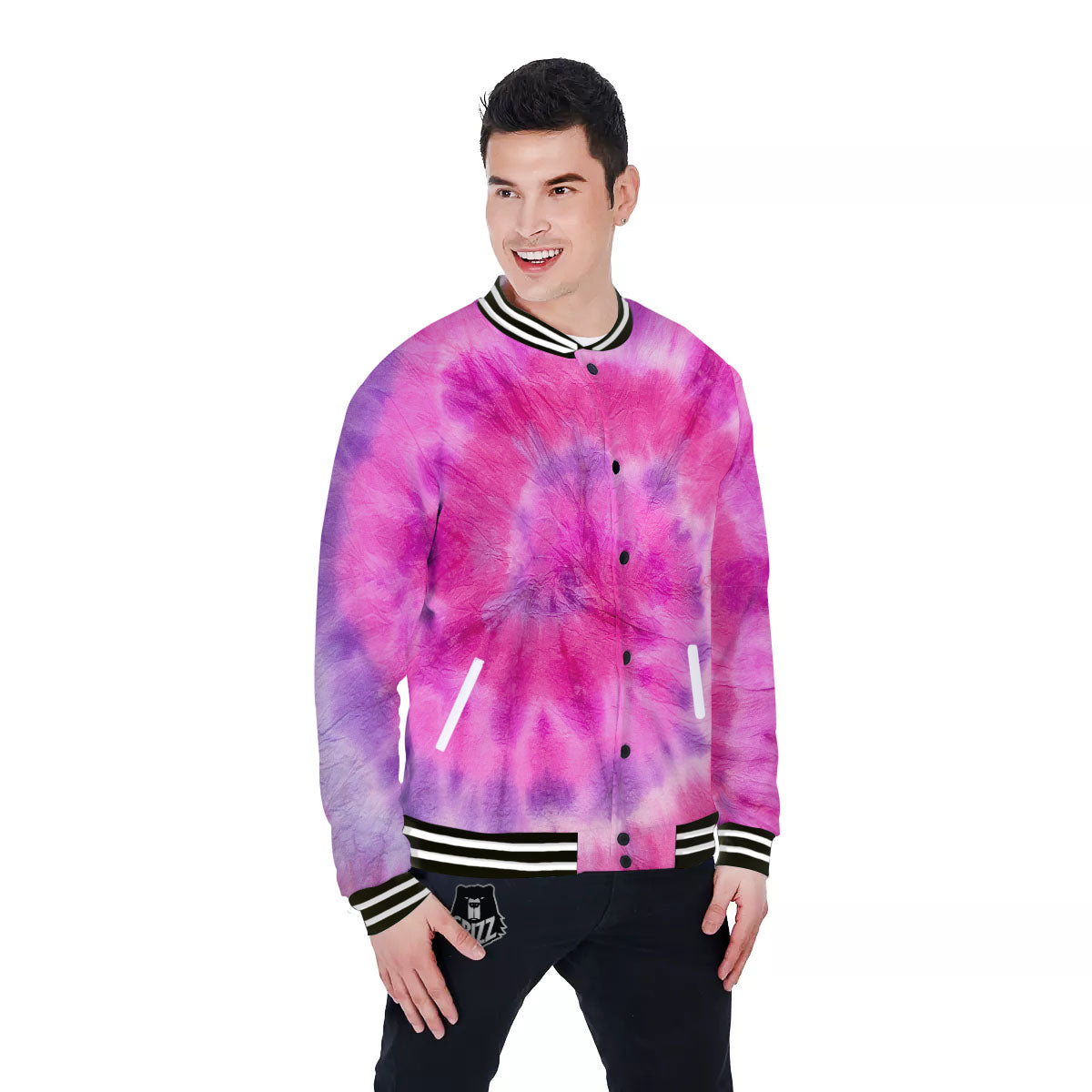 Double Pink Tie Dye Print Baseball Jacket-grizzshop