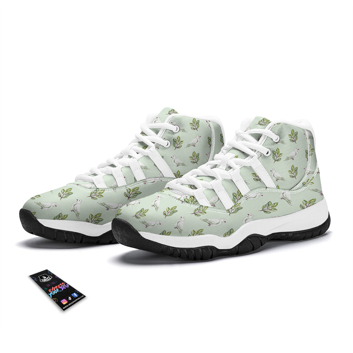 Dove And Leaf Green Print Pattern White Bball Shoes-grizzshop