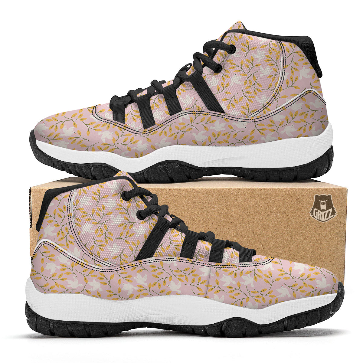 Dove Pink And Leaf Print Pattern Black Bball Shoes-grizzshop