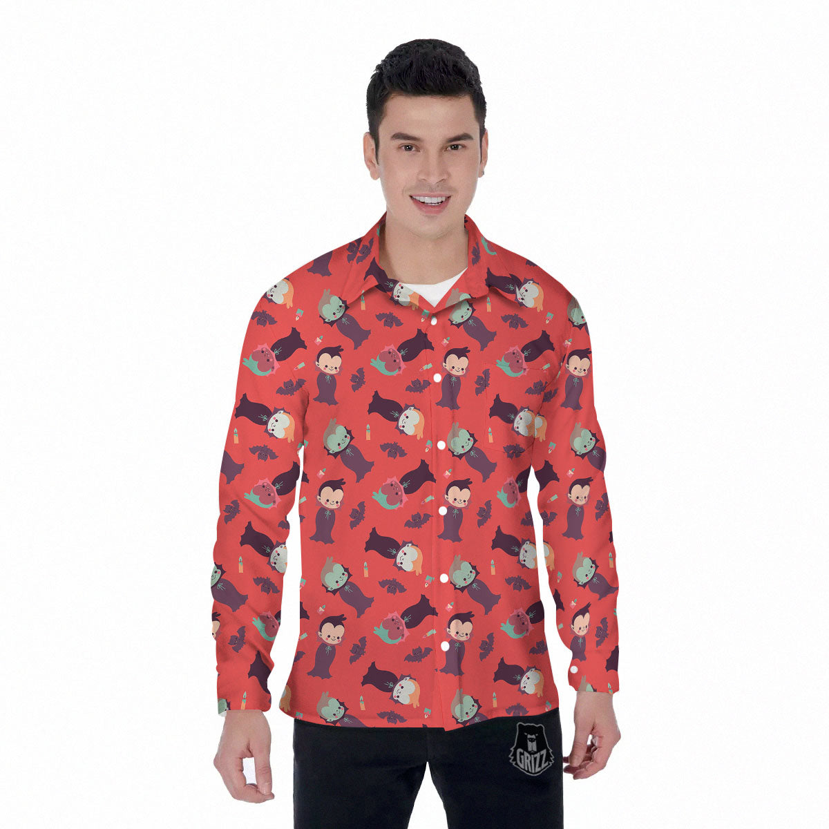 Dracula Cartoon Print Pattern Men's Long Sleeve Shirts-grizzshop