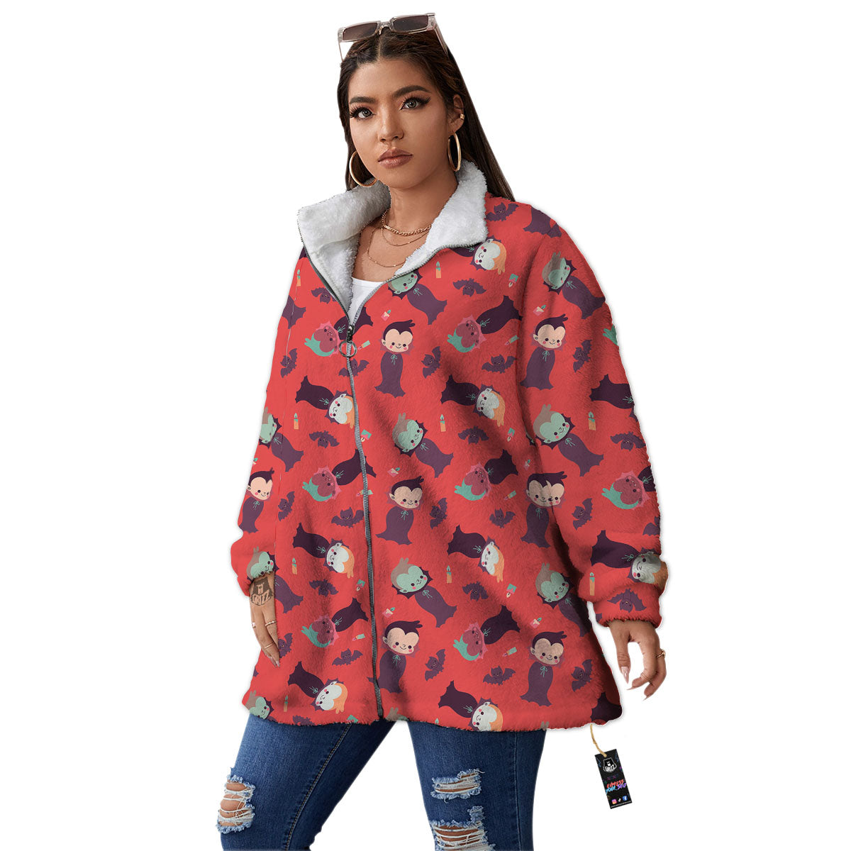 Dracula Cartoon Print Pattern Women's Sherpa Jacket-grizzshop