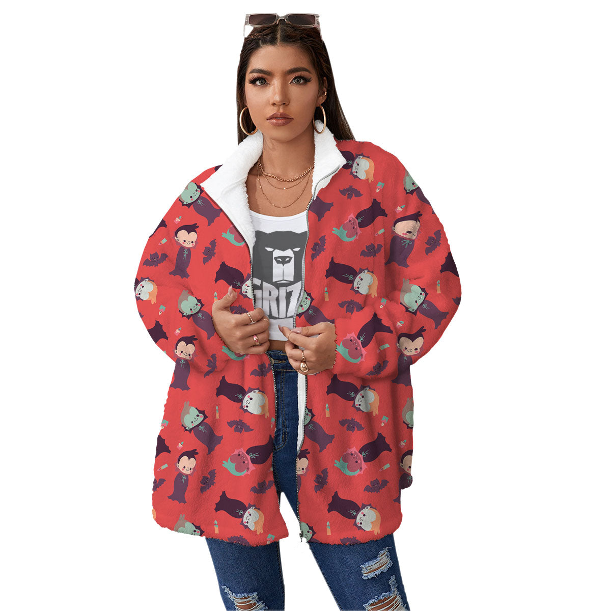 Dracula Cartoon Print Pattern Women's Sherpa Jacket-grizzshop