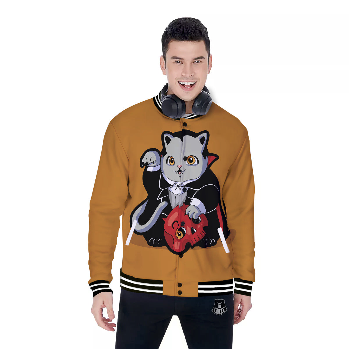 Dracula Cute Cat Print Baseball Jacket-grizzshop
