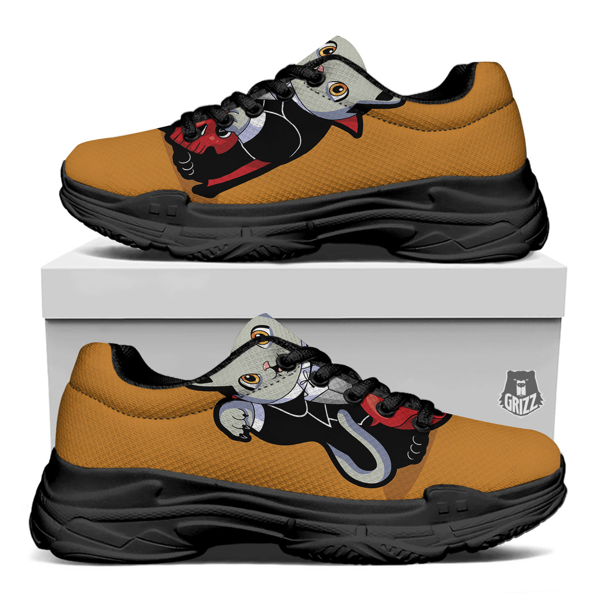 Dracula Cute Cat Print Black Chunky Shoes-grizzshop