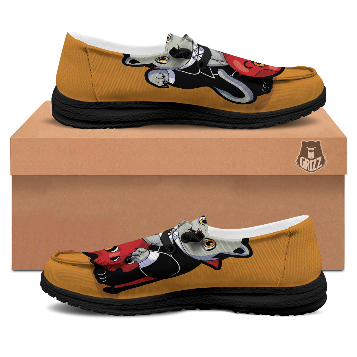 Dracula Cute Cat Print Black Loafers-grizzshop