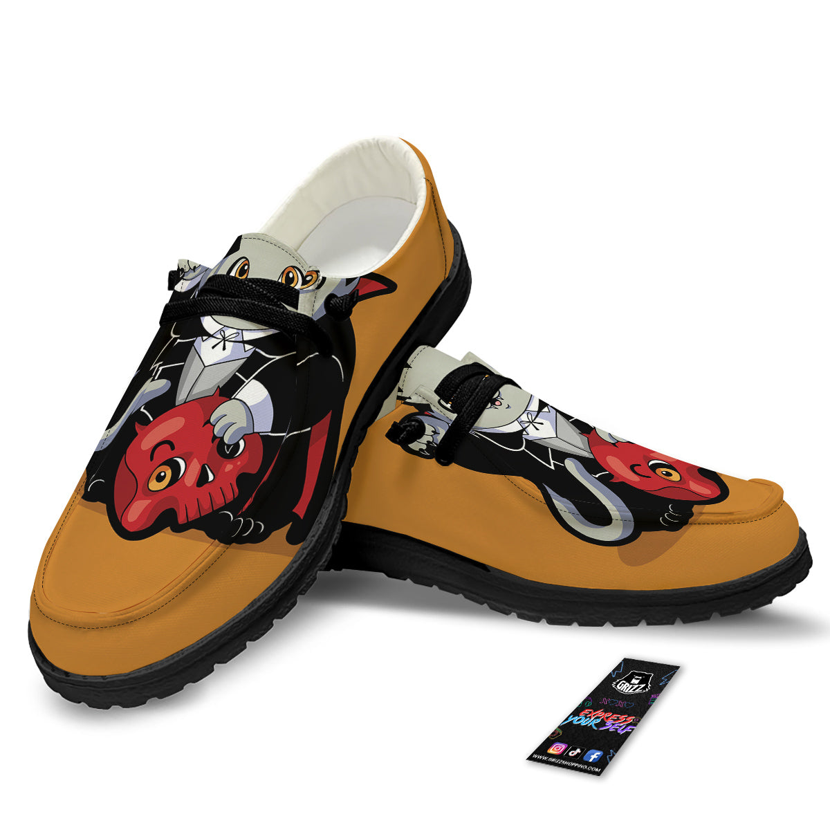 Dracula Cute Cat Print Black Loafers-grizzshop