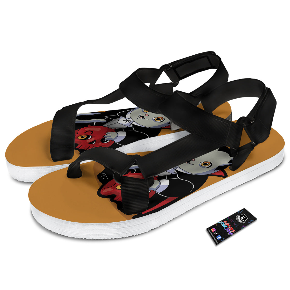 Dracula Cute Cat Print Black Open Toe Sandals-grizzshop