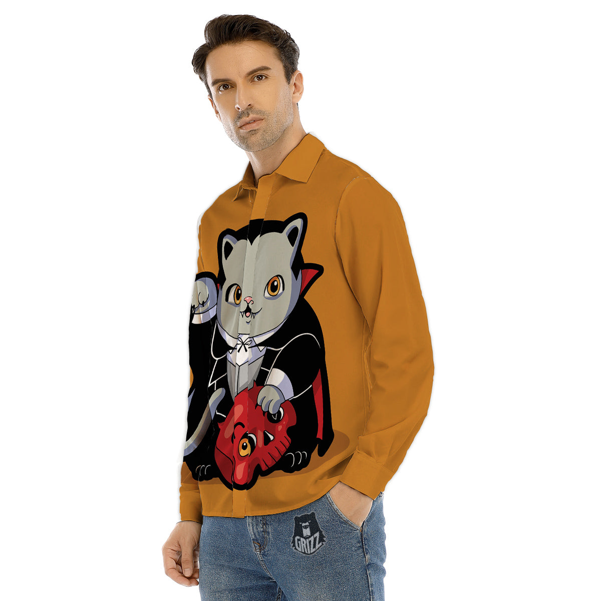 Dracula Cute Cat Print Men's Dress Shirts-grizzshop