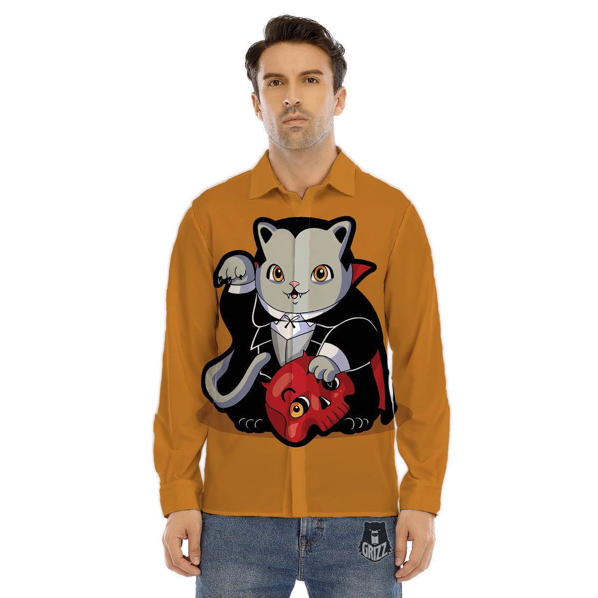 Dracula Cute Cat Print Men's Dress Shirts-grizzshop