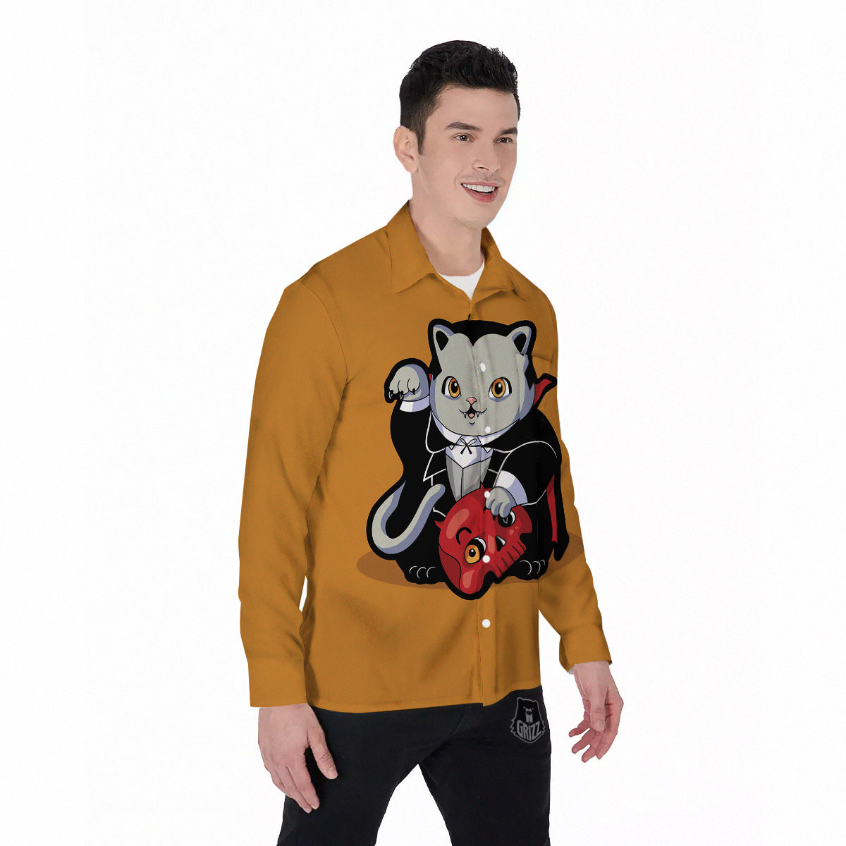 Dracula Cute Cat Print Men's Long Sleeve Shirts-grizzshop