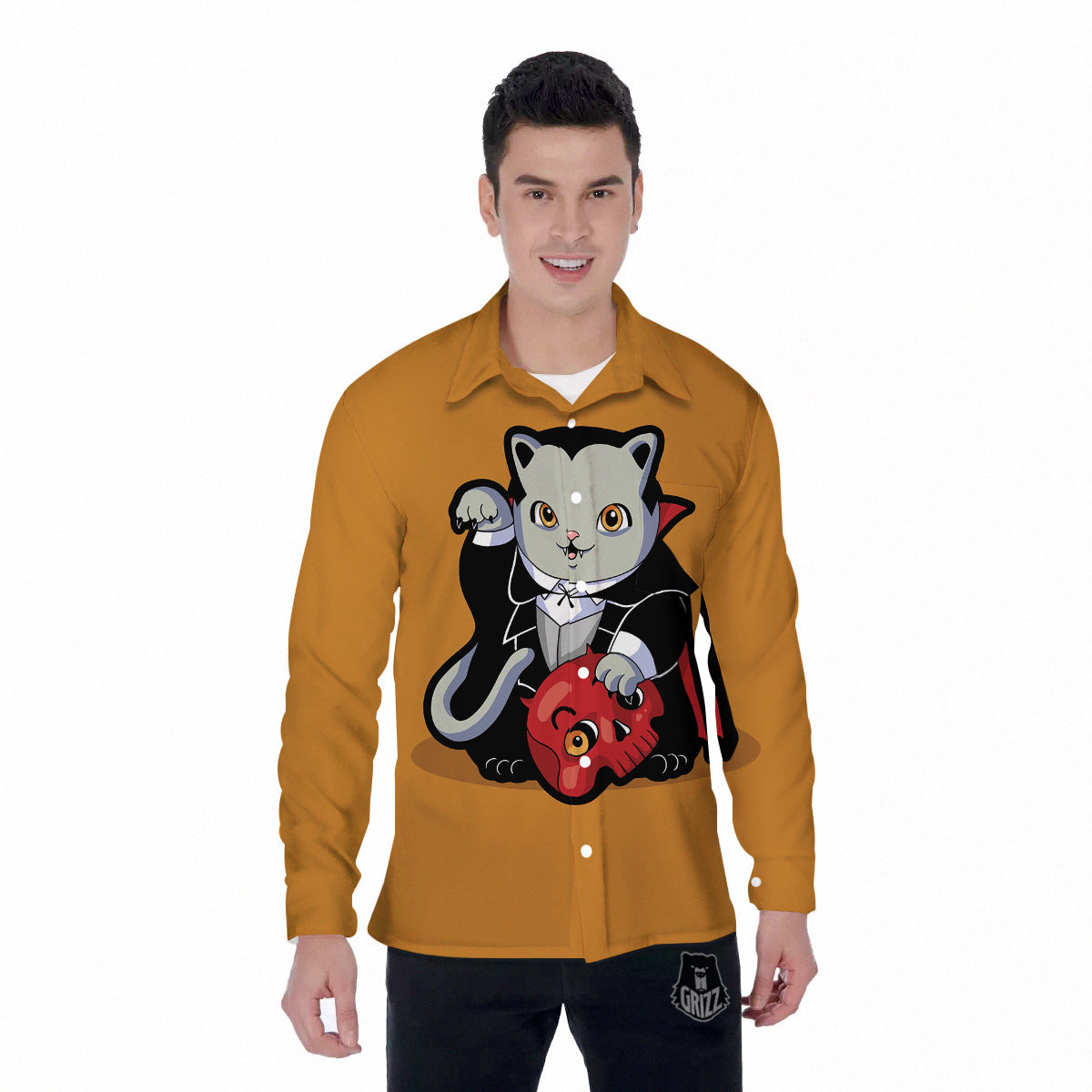 Dracula Cute Cat Print Men's Long Sleeve Shirts-grizzshop