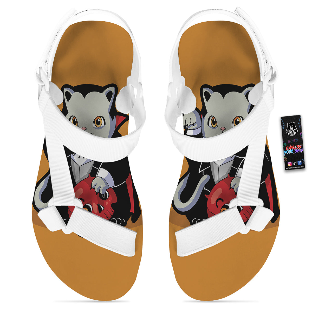 Dracula Cute Cat Print White Open Toe Sandals-grizzshop