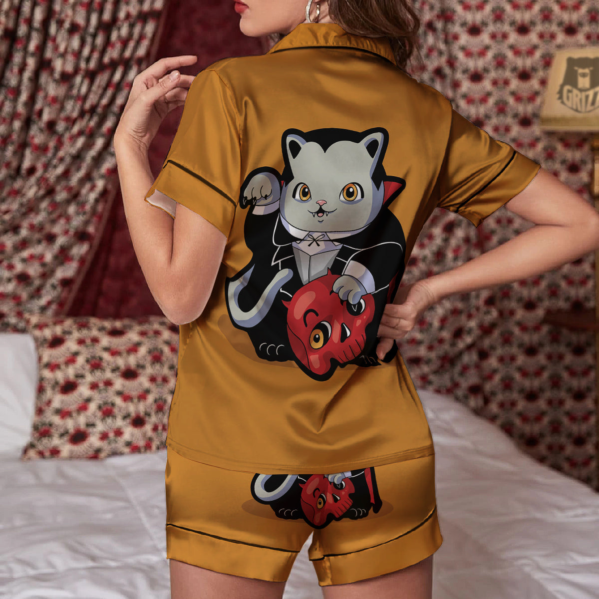 Dracula Cute Cat Print Women Silk Pajamas-grizzshop