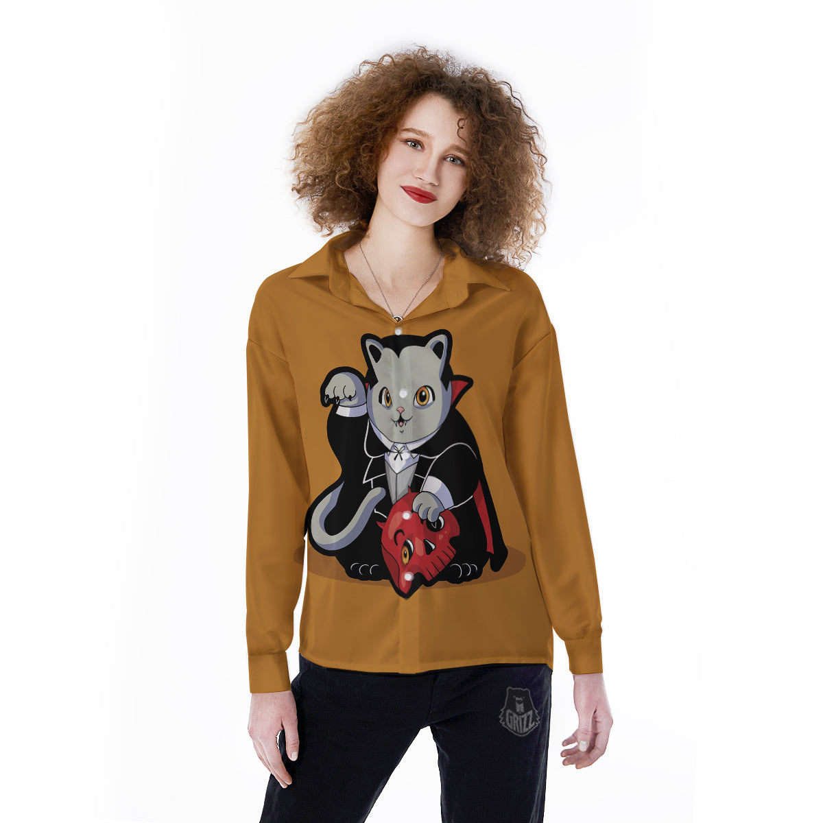 Dracula Cute Cat Print Women's Long Sleeve Shirts-grizzshop