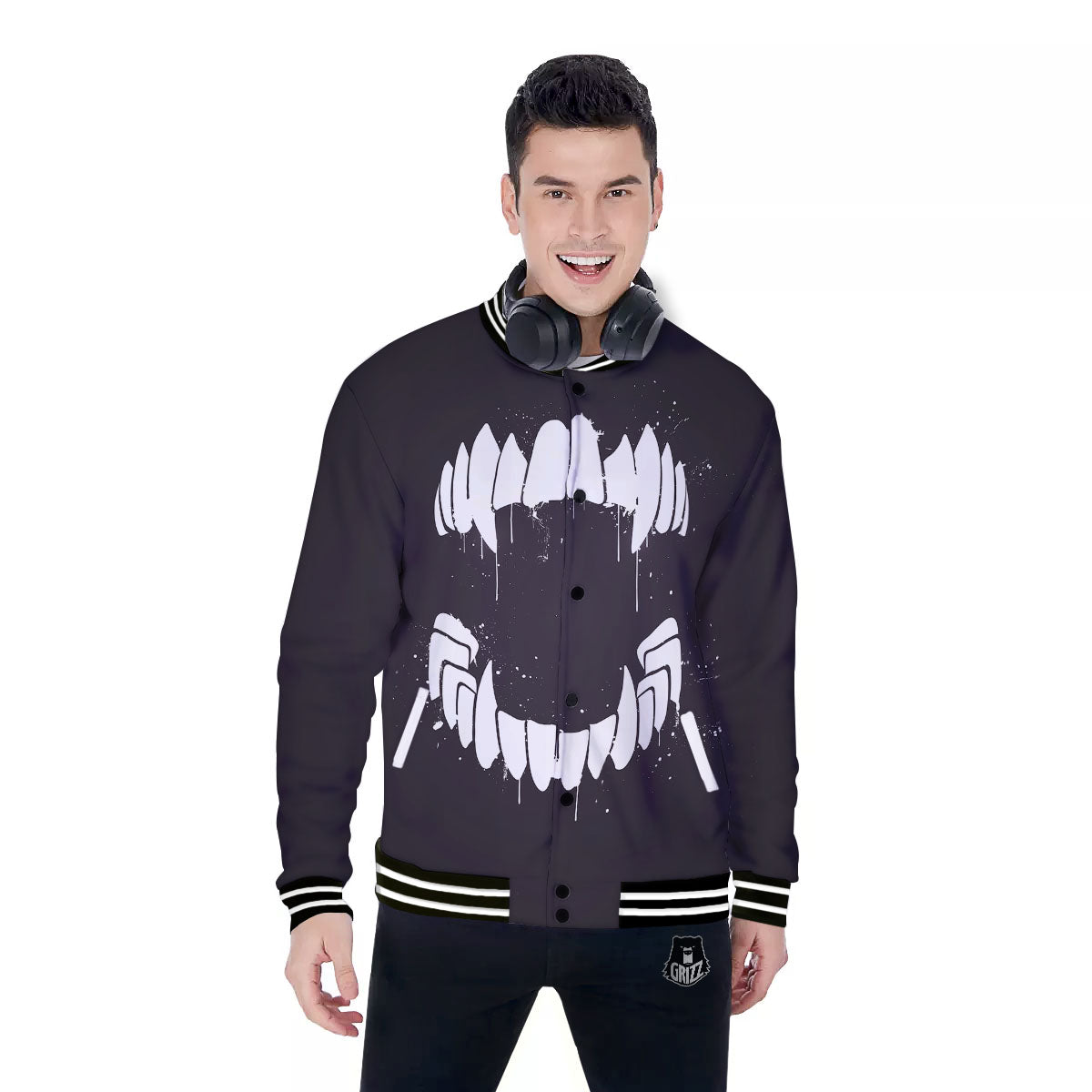 Dracula Fang Print Baseball Jacket-grizzshop