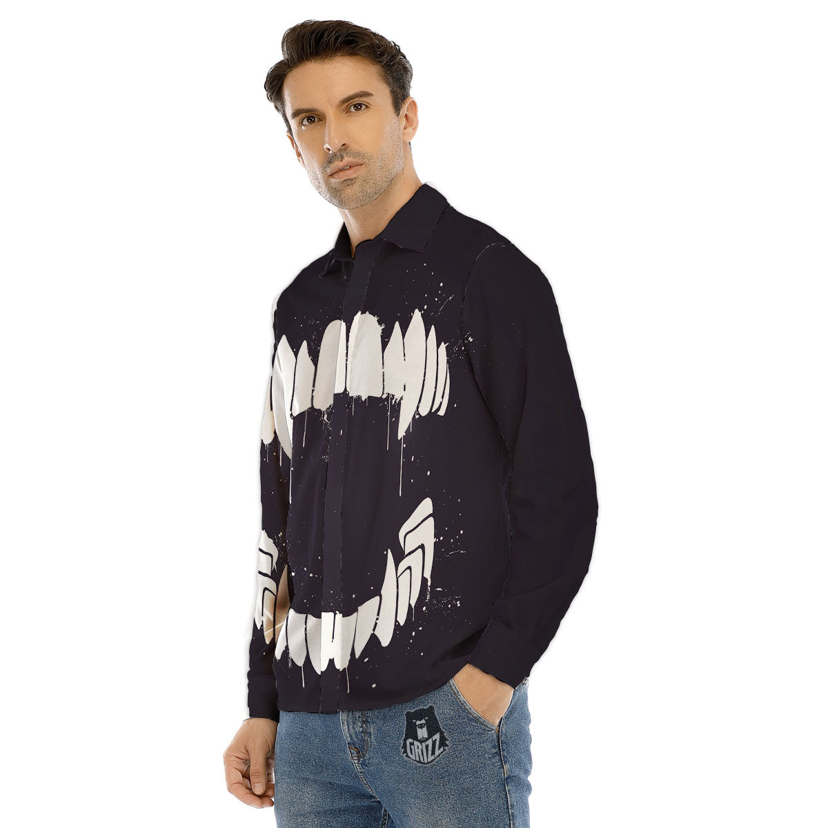 Dracula Fang Print Men's Dress Shirts-grizzshop