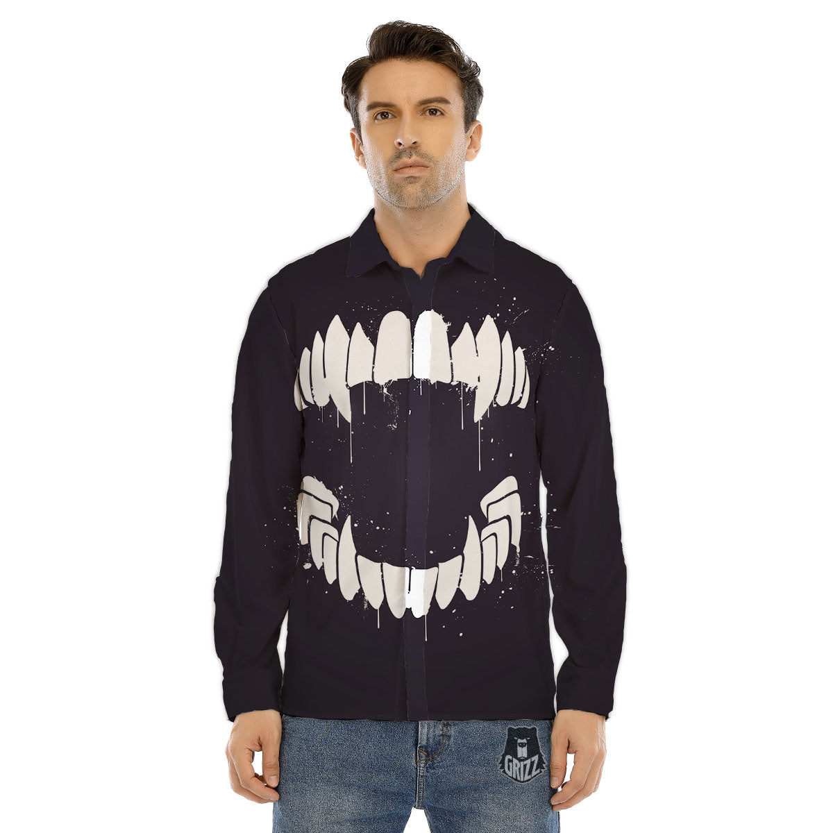 Dracula Fang Print Men's Dress Shirts-grizzshop