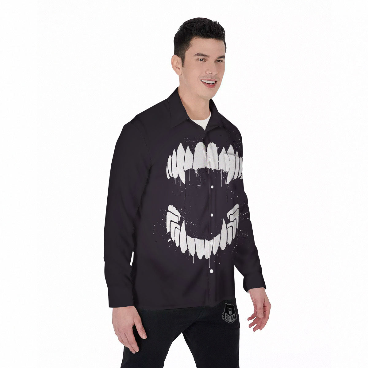 Dracula Fang Print Men's Long Sleeve Shirts-grizzshop