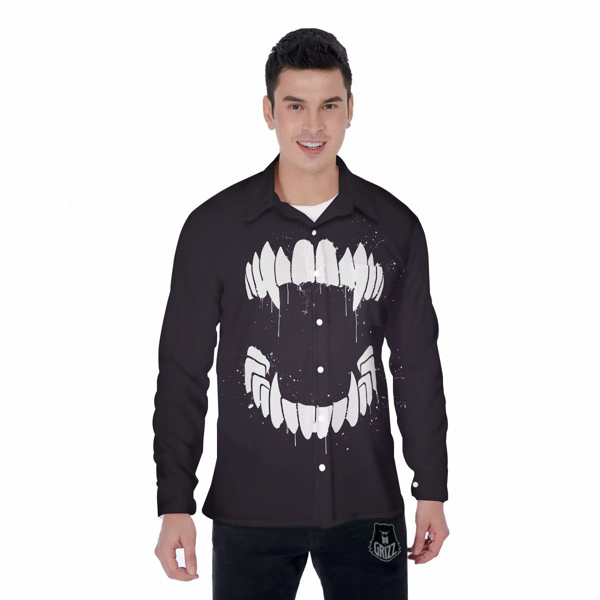Dracula Fang Print Men's Long Sleeve Shirts-grizzshop