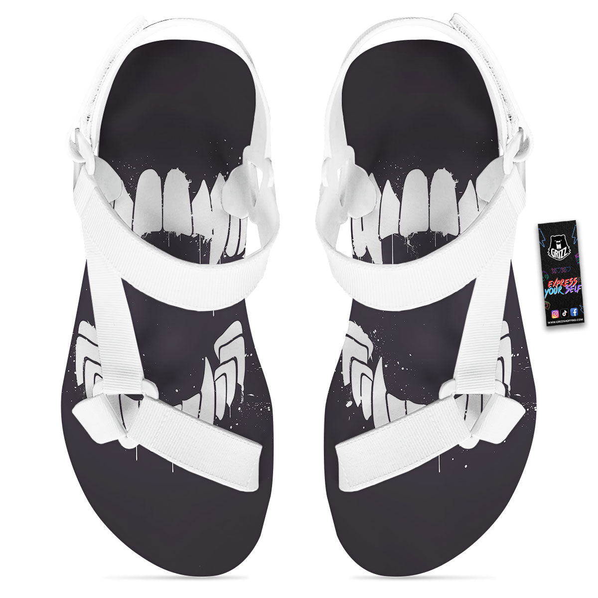Dracula Fang Print White Open Toe Sandals-grizzshop